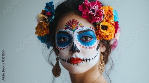 A Mexican woman wearing vibrant Día de los Muertos face paint, standing against a minimalist grey background with soft, natural shadows