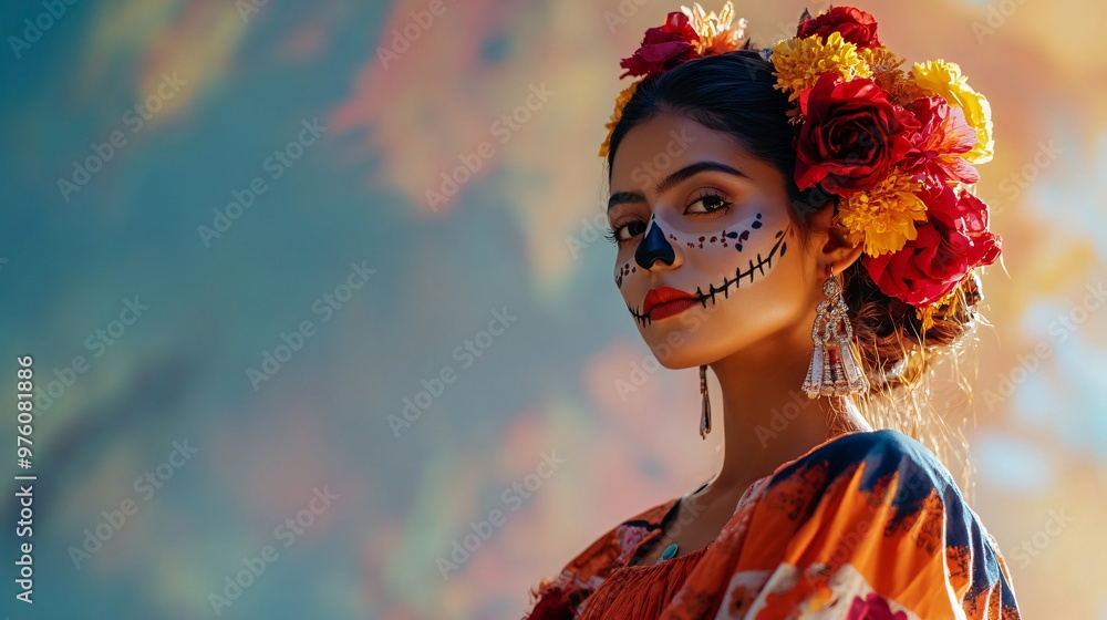 A minimalist portrait of a Mexican woman in traditional Día de los Muertos attire, standing against a soft pastel-colored background A minimalist portrait of a Mexican woman in traditional Día de los Muertos attire, standing against a soft pastel-colored background