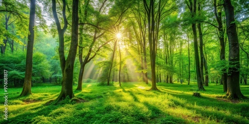 Lush green forest clearing with sunlight shining through creating shadows and vibrant colors