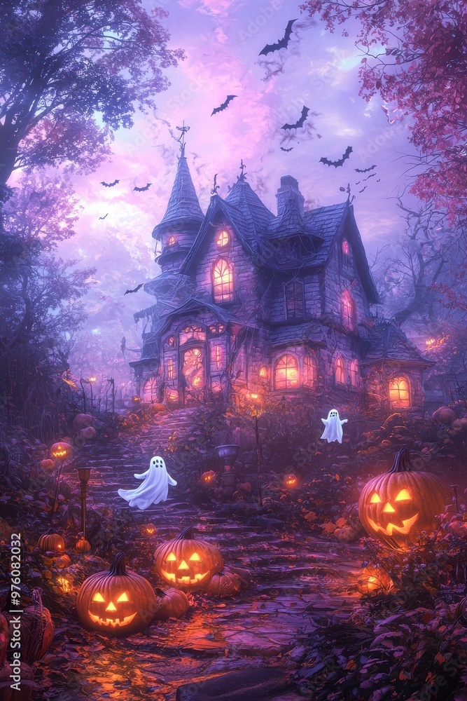 Haunted castle in spooky forest at Halloween with jack o lanterns, bats, and eerie lights Haunted castle in spooky forest at Halloween with jack o lanterns, bats, and eerie lights