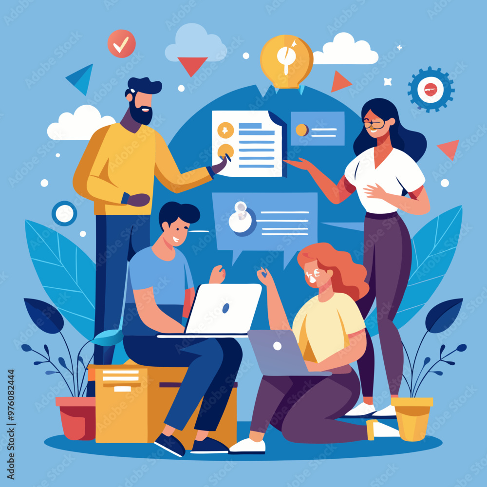 A vector illustration of team collaboration and sharing project ideas A vector illustration of team collaboration and sharing project ideas