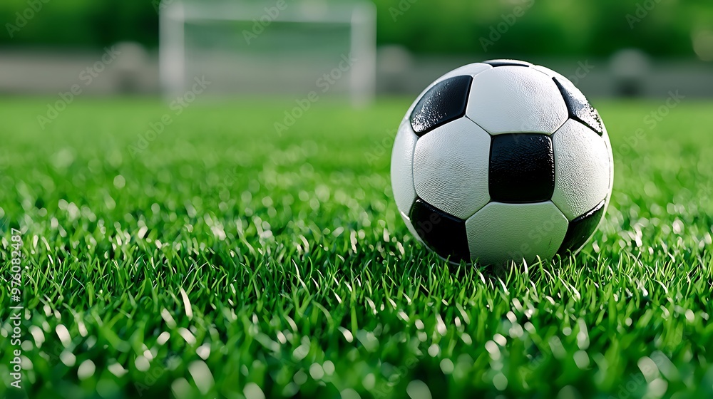 A soccer ball rests peacefully on the green grass, ready for the next game. A soccer ball rests peacefully on the green grass, ready for the next game.
