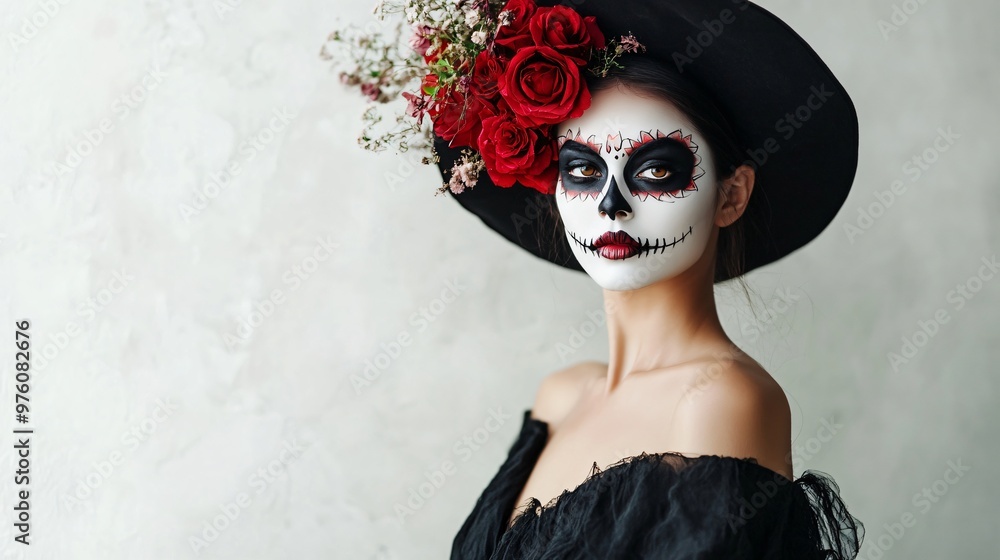 Fototapeta premium Minimalist Halloween portrait of a Mexican woman in a black dress, wearing subtle La Catrina makeup, set against a light grey background with soft shadows