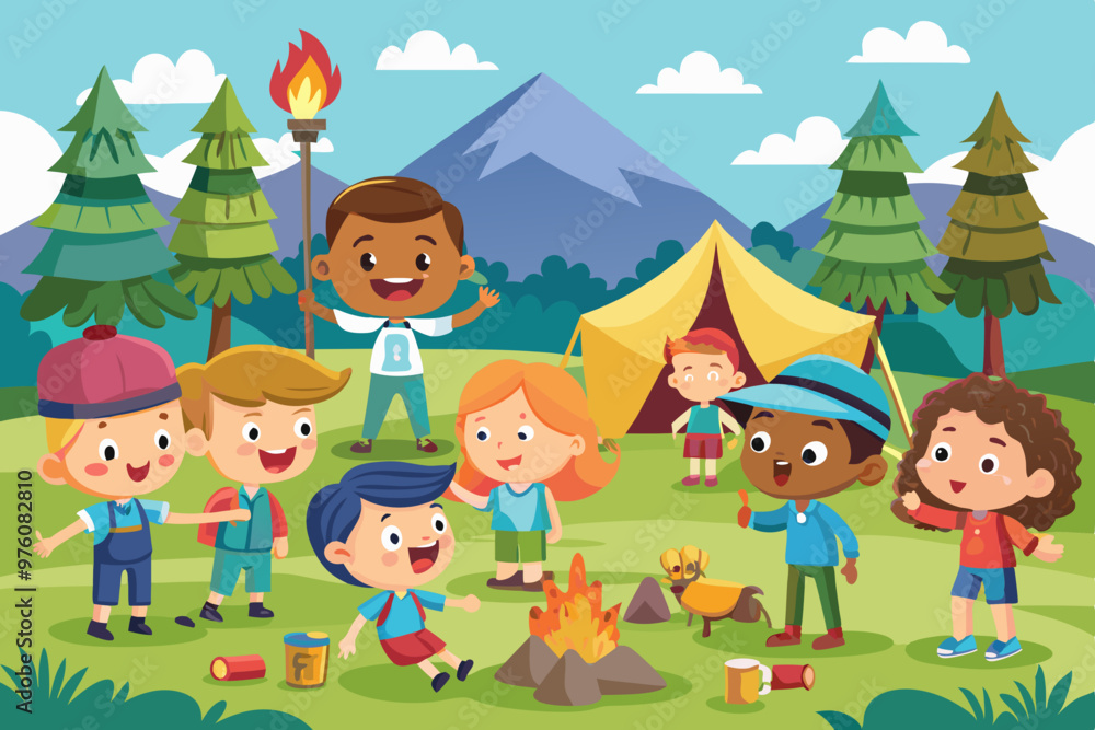 A vector illustration of kids playing during summer camp A vector illustration of kids playing during summer camp