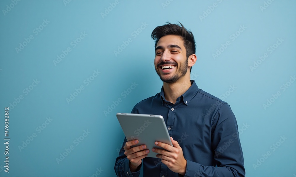 Portrait of a man holding a tablet computer on Pastel Color Background Portrait of a man holding a tablet computer on Pastel Color Background