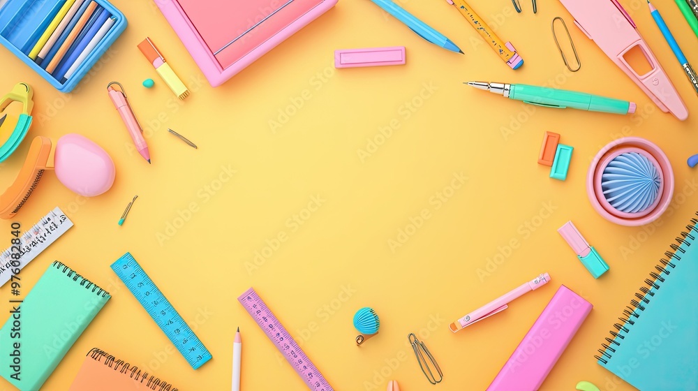 School supplies such as rulers, erasers, and notebooks are arranged around the frame, leaving a clean center area for text or messaging. Bright, playful colors. School supplies such as rulers, erasers, and notebooks are arranged around the frame, leaving a clean center area for text or messaging. Bright, playful colors.