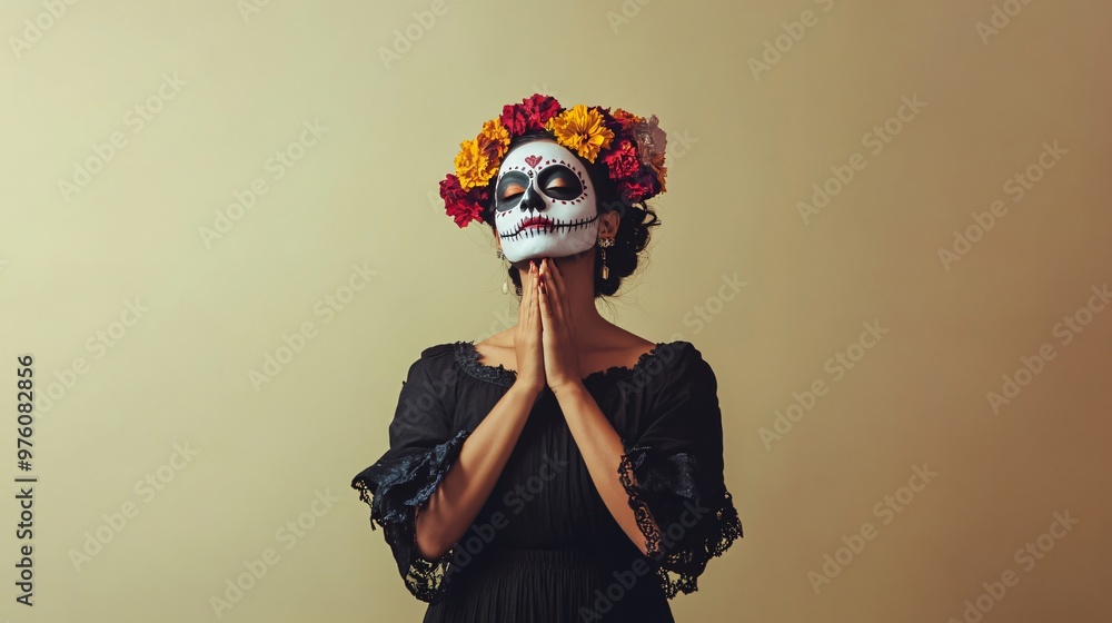 Minimalist portrait of a Mexican woman in a simple black dress, wearing La Catrina makeup, standing against a plain cream-colored background Minimalist portrait of a Mexican woman in a simple black dress, wearing La Catrina makeup, standing against a plain cream-colored background