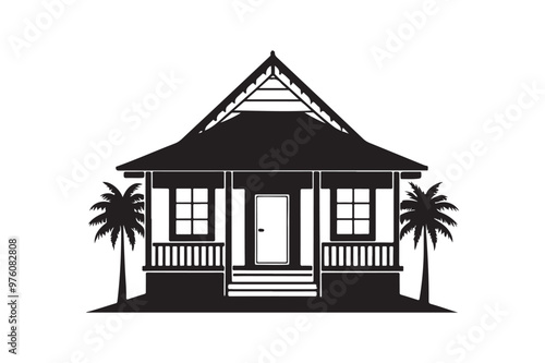 Bungalow silhouette vector illustration, Bungalow silhouette vector, Bungalow silhouette PNG 