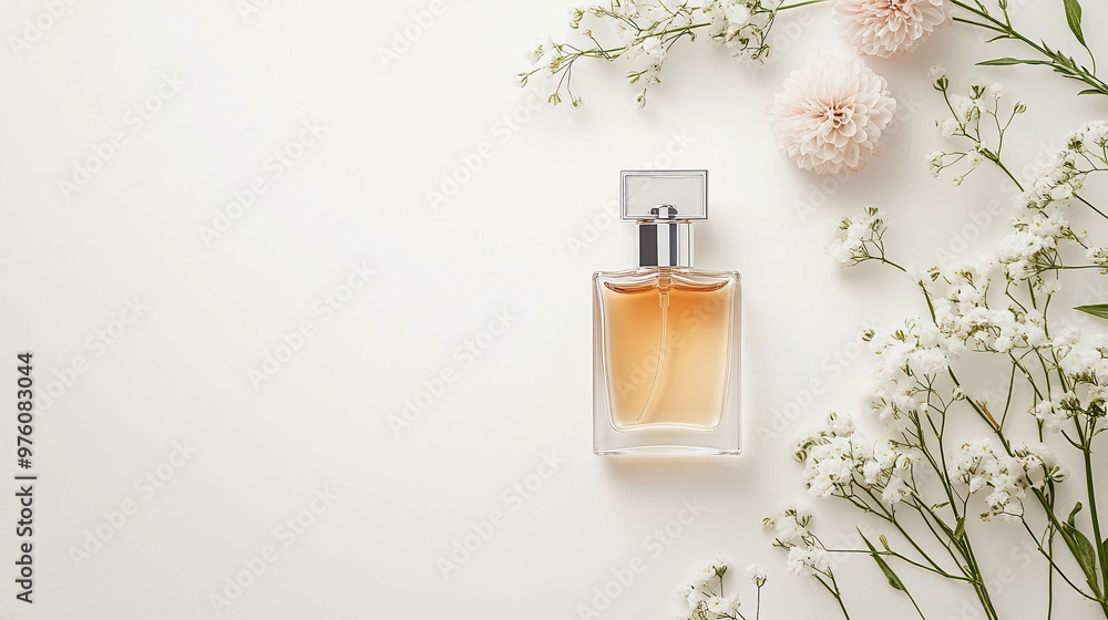 A bottle of jasmine scent perfume on a clean white backdrop. A bottle of jasmine scent perfume on a clean white backdrop.
