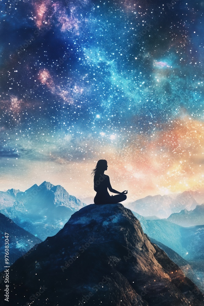 Woman sitting on rock atop high mountain in lotus position, meditating, surrounded by space, stars, constellations, and galaxies, concept of cosmic mindfulness and inner peace. Woman sitting on rock atop high mountain in lotus position, meditating, surrounded by space, stars, constellations, and galaxies, concept of cosmic mindfulness and inner peace.