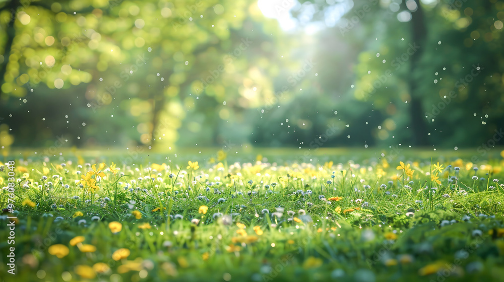 Fototapeta premium A vibrant meadow filled with colorful wildflowers and dandelions, illuminated by soft sunlight filtering through trees, creating serene and peaceful atmosphere. gentle breeze carries tiny particles, e