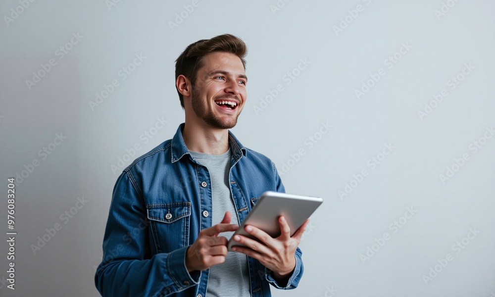 Portrait of a man holding a tablet computer on Pastel Color Background Portrait of a man holding a tablet computer on Pastel Color Background