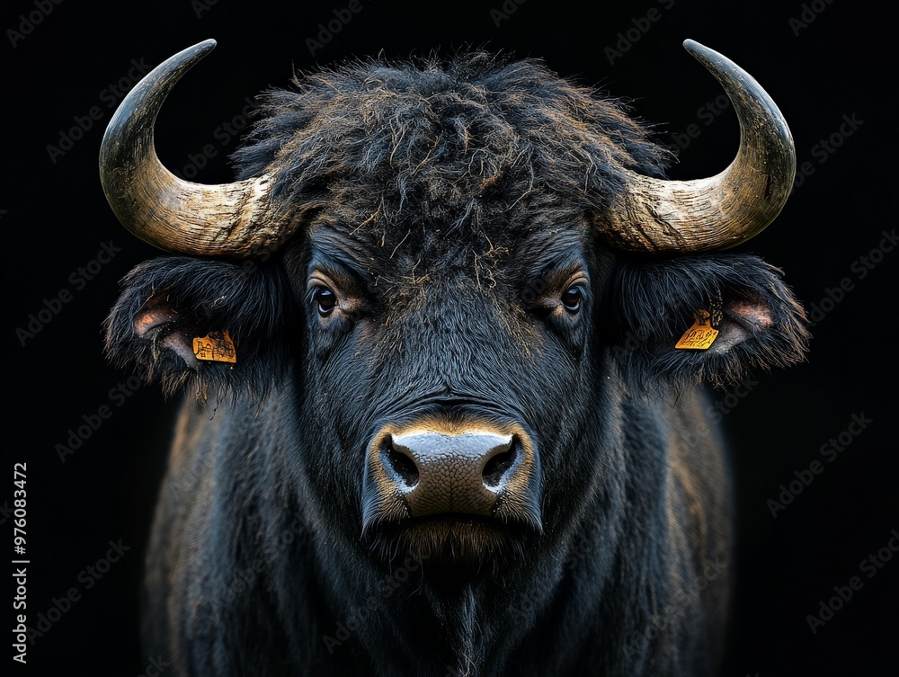 Naklejka premium A powerful and majestic buffalo with large horns and dark fur, captured in a stunning close-up shot highlighting its intense gaze and formidable presence against a black background.