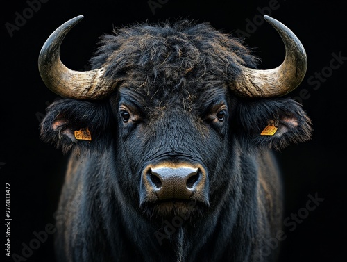 A powerful and majestic buffalo with large horns and dark fur, captured in a stunning close-up shot highlighting its intense gaze and formidable presence against a black background.