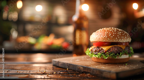 Delicious burger with melted cheese, fresh lettuce, and tomato on wooden board, set in cozy burger shop atmosphere with blurred background photo