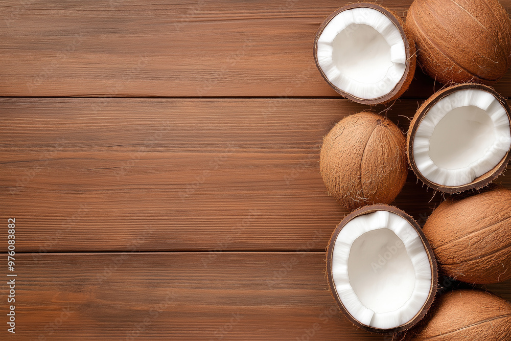 coconuts on wooden table top view with space for text coconuts on wooden table top view with space for text