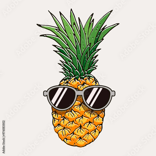 Hand drawn pineapple fruit wearing trendy sunglasses clip art vector illustration, suitable for poster, T-shirt screen printing and other media.