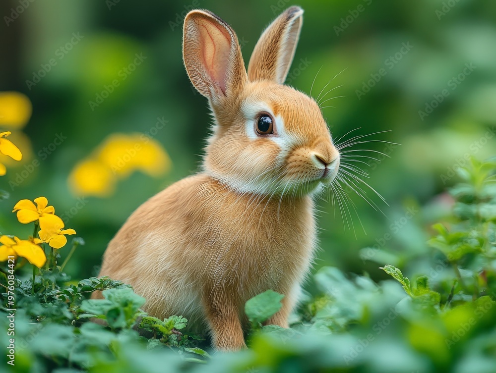 A sweet brown rabbit sitting among lush green foliage and vibrant yellow flowers, illustrating a serene and picturesque nature setting that conveys peace and natural beauty. A sweet brown rabbit sitting among lush green foliage and vibrant yellow flowers, illustrating a serene and picturesque nature setting that conveys peace and natural beauty.