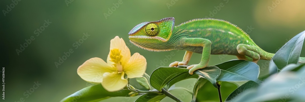custom made wallpaper toronto digitalA vibrant green chameleon sits perched on a delicate yellow flower, its large eyes focused intently on its surroundings. The chameleon's scaly skin, long tongue, and prehensile tail are all visible in