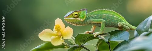 Wallpaper Mural A vibrant green chameleon sits perched on a delicate yellow flower, its large eyes focused intently on its surroundings. The chameleon's scaly skin, long tongue, and prehensile tail are all visible in Torontodigital.ca