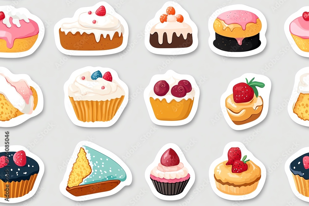 A colorful collection of delicious cupcake stickers featuring various flavors and toppings, perfect for bakery designs. A colorful collection of delicious cupcake stickers featuring various flavors and toppings, perfect for bakery designs.