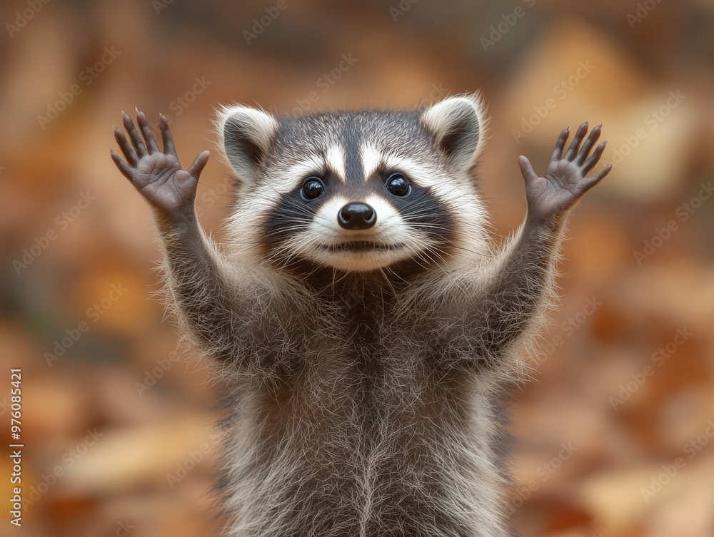 A delightful raccoon stands with its paws raised against a backdrop of autumn leaves, showcasing its charming and inquisitive nature in a serene forest setting. A delightful raccoon stands with its paws raised against a backdrop of autumn leaves, showcasing its charming and inquisitive nature in a serene forest setting.