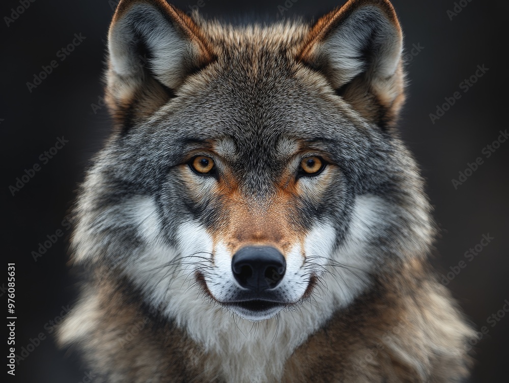 This close-up image showcases the face of a wolf, highlighting its detailed fur texture and intense gaze, capturing the wild beauty of this majestic animal. This close-up image showcases the face of a wolf, highlighting its detailed fur texture and intense gaze, capturing the wild beauty of this majestic animal.