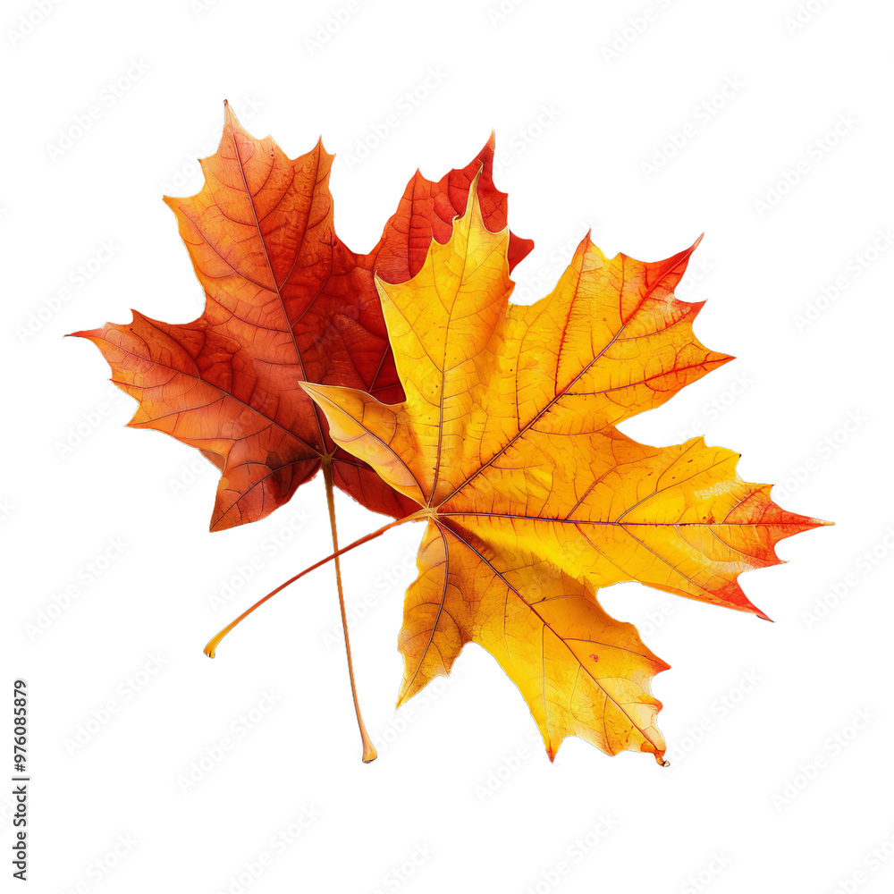 Two colorful maple leaves with intricate veins, showcasing the beauty of autumn