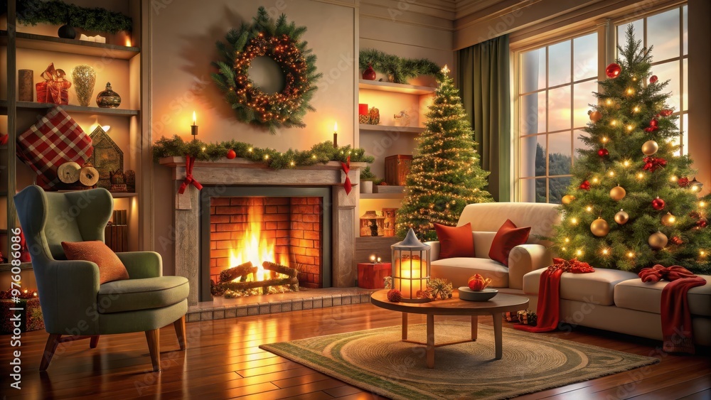 Cozy living room adorned with Christmas decorations and a glowing fireplace Cozy living room adorned with Christmas decorations and a glowing fireplace