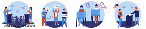 Political debates and discussions with candidates. A call to vote. The people in the voting booth are making their choice. People are throwing ballots into the ballot box.