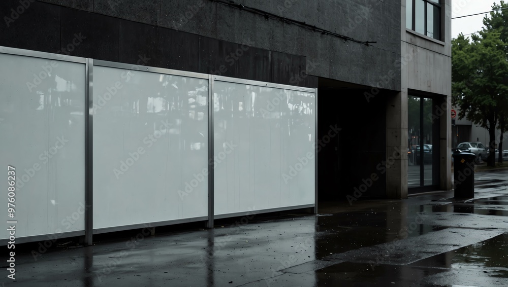 Empty white billboard on a wet sidewalk. Empty white billboard on a wet sidewalk.