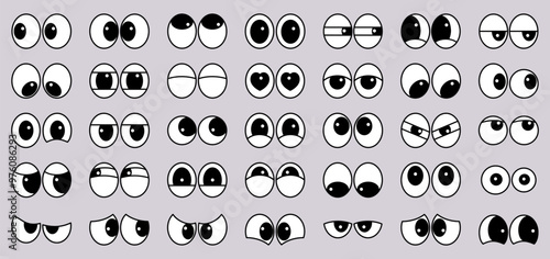 Eyes icons set, look or glance sign collection, comic cartoon eye expression isolated, cute eye in different emotions
