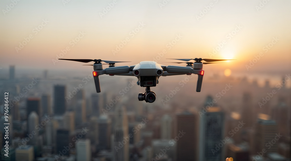 Drone flying above city skyline at sunset with urban landscape Drone flying above city skyline at sunset with urban landscape