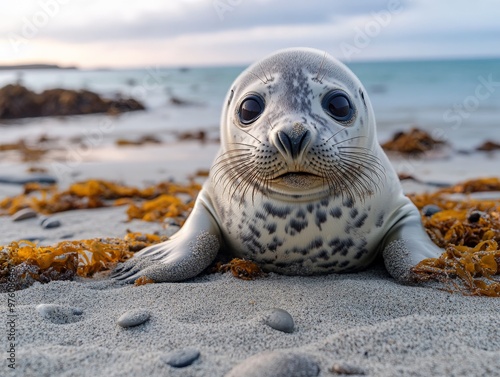 A cute baby seal rests on a sandy beach surrounded by seaweed and pebbles, its big, curious eyes looking directly at the camera, capturing nature’s innocent beauty.