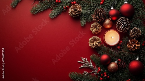 Christmas Decorations with Pine Cones  Red Ornaments  and a Candle on Red Background