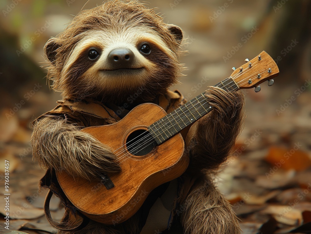 Fototapeta premium A friendly and adorable sloth appears to be playing a small wooden guitar while sitting in a peaceful outdoor environment, surrounded by a natural, blurred backdrop of leaves and landscape.
