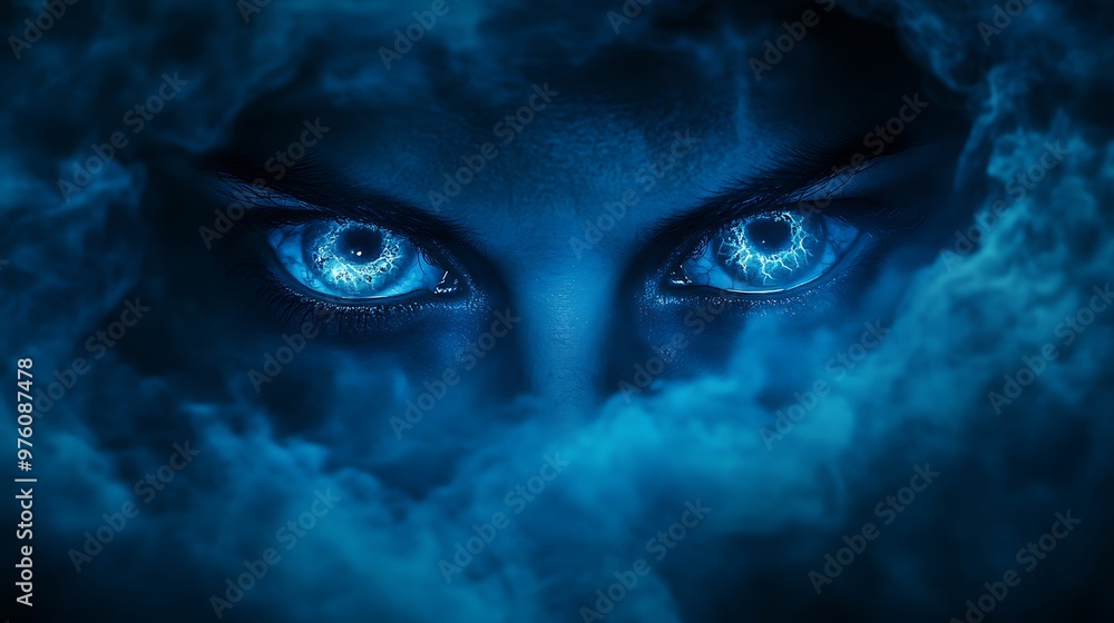 Eerie Halloween Atmosphere with Ghostly Eyes Emerging from Ground in Blue Mist and Shadows Eerie Halloween Atmosphere with Ghostly Eyes Emerging from Ground in Blue Mist and Shadows