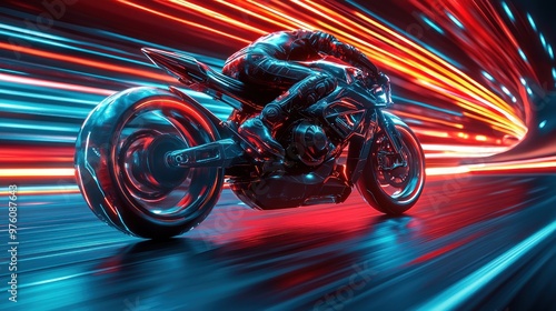 A futuristic sports bike on a digital racing track with neon blue and electric red highlights.