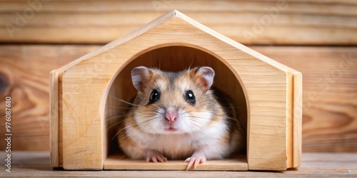 Djungarian hamster inside wooden house looking out photo