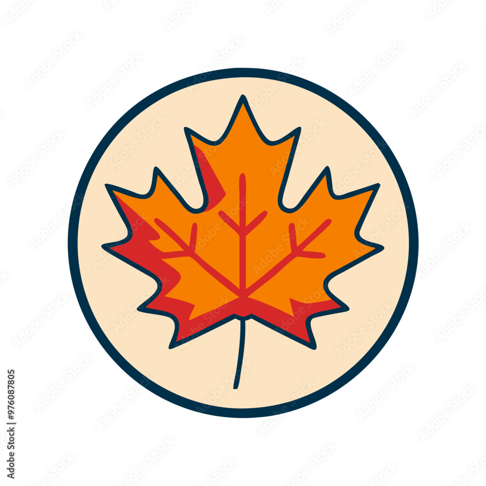 Maple Leaf in Circular Frame, Red and Orange Fall Icon Design Maple Leaf in Circular Frame, Red and Orange Fall Icon Design