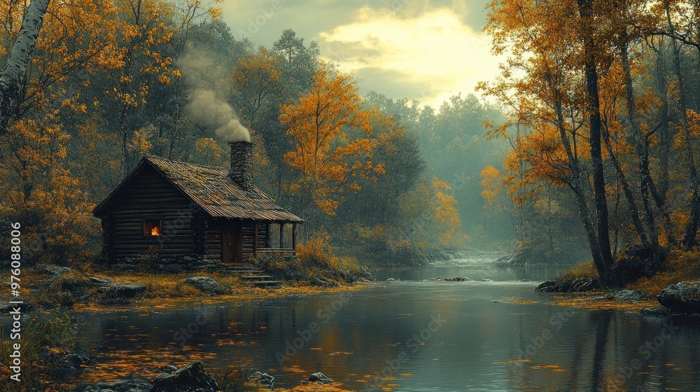 A serene autumn landscape featuring a cozy cabin by a river. A serene autumn landscape featuring a cozy cabin by a river.
