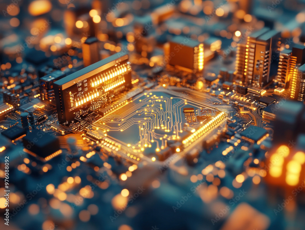 Obraz premium A complex circuit board with glowing neon lights representing advanced computing
