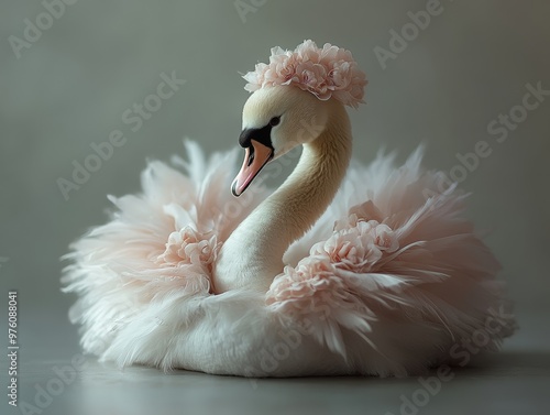 An elegant swan with a delicate pink floral crown, floating serenely, encapsulating grace and beauty in a soft, refined setting with a touch of fantasy. photo