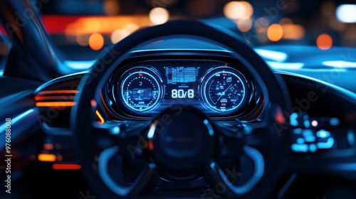 A smart car dashboard with a digital gauge cluster and white-blue accents in a high-tech cabin.