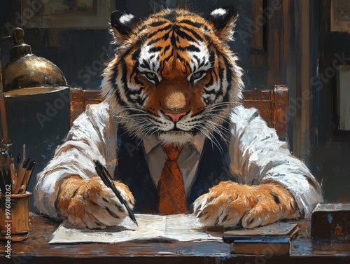 This vivid painting depicts a tiger sitting at a desk, deeply immersed in writing with a pen in its paw, evoking themes of intelligence, focus, and creativity in an artistic style. photo