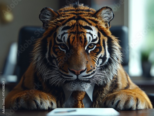 A whimsical image of a tiger wearing a business suit and seated behind a desk, blending wild animal traits with human professionalism in a playful yet serious setting. photo