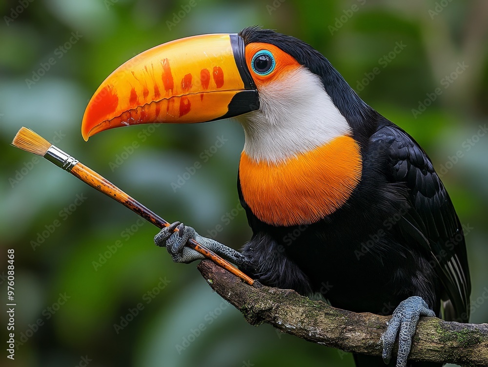 Fototapeta premium A toucan holding a paintbrush while perched on a branch in a lush forest. This detailed image captures the bird's striking features and its natural surroundings, blending art and nature.