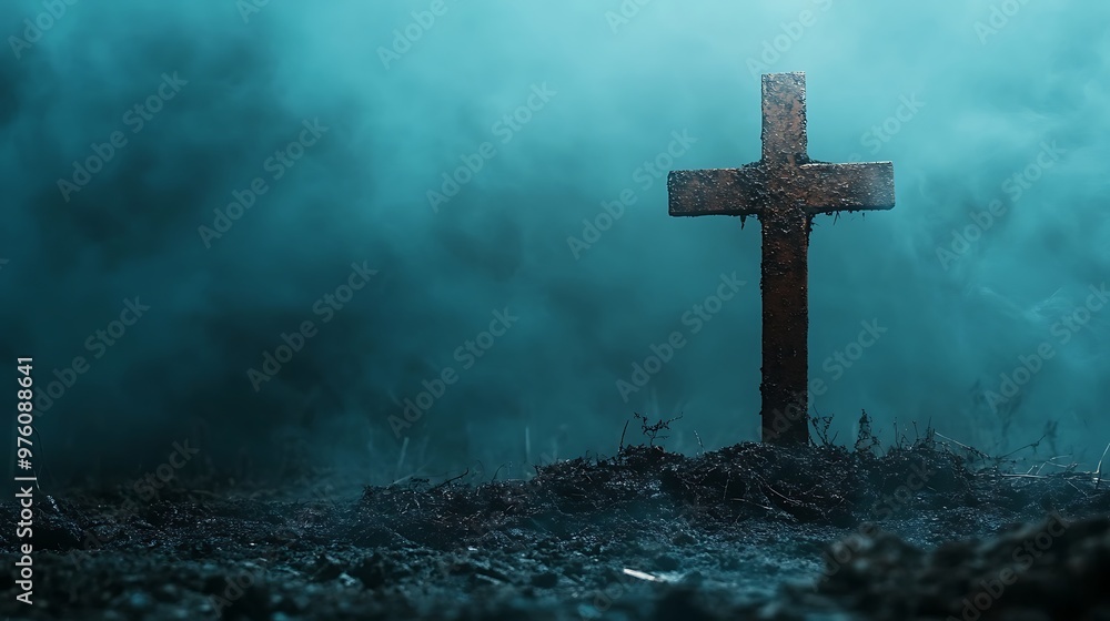 Eerie Halloween Scene with Macabre Cross in Rusty Soil Surrounded by Blue Fog and Shadows Eerie Halloween Scene with Macabre Cross in Rusty Soil Surrounded by Blue Fog and Shadows