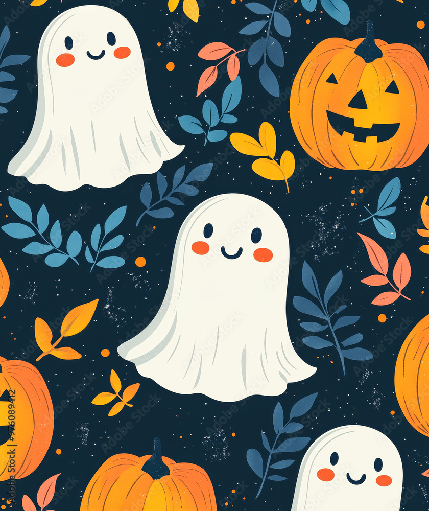 Halloween cute ghosts, pumpkin and flower pattern. Autumn halloween background Halloween cute ghosts, pumpkin and flower pattern. Autumn halloween background
