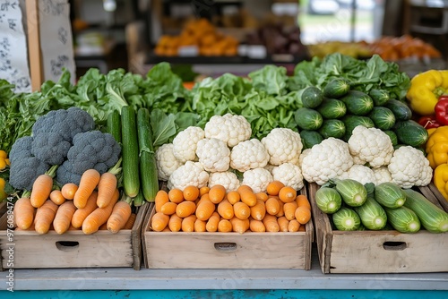 An overhead shot of a fresh vegetable market stand with a variety of vibrant vegetables like broccoli, cauliflower, carrots, and zucchini, creating a rich tapestry of colors and textures